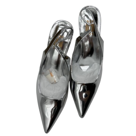 NEW Heelchic Womens Size 6 Silver Pointed Toe Slingback Heels Kitten Heel - Picture 13 of 16